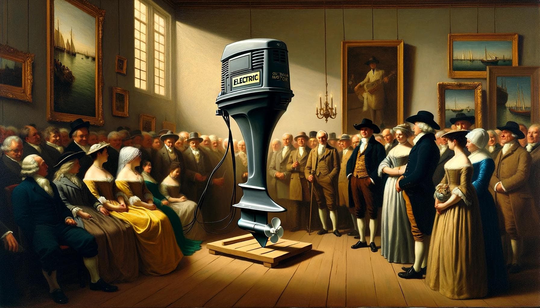 1800's fictional image depicting upper-class individuals gathered around the electric outboard motor
